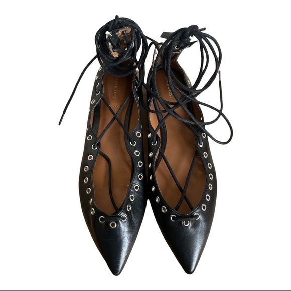 Zara point toe black leather lace up flats - Picture 1 of 6